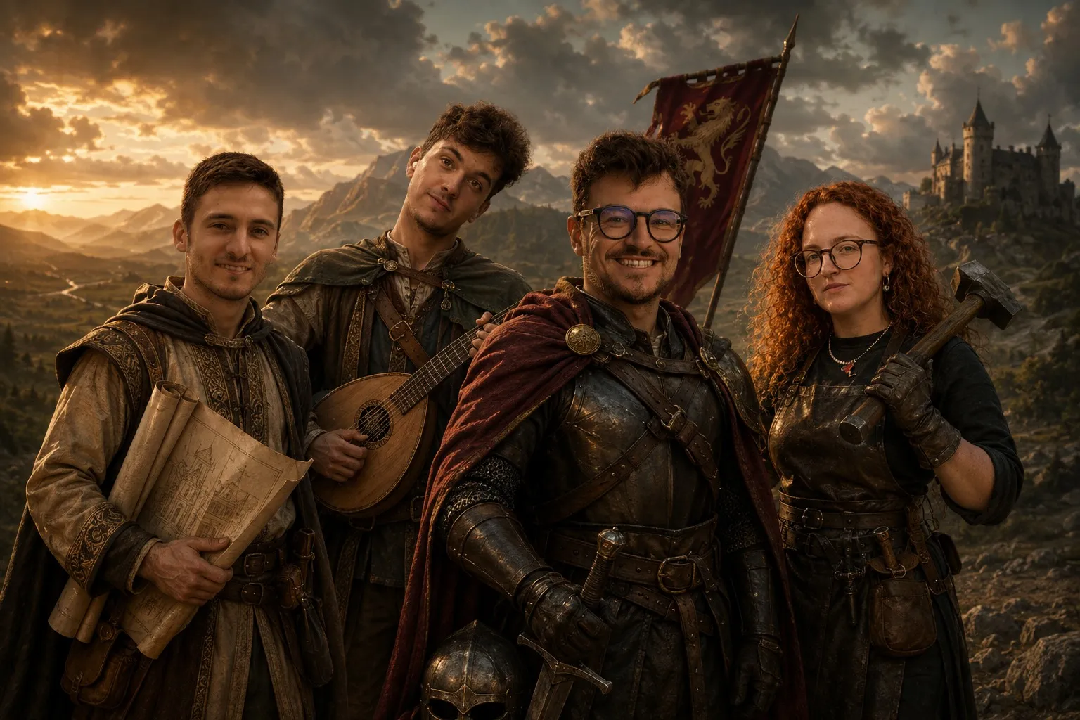 El equipo de Zonia, caracterizado en clave medieval: Alejandro Del Medico (Arquitecto), Alexandru Barbalata (Juglar), Guillermo Gimeno (Conquistador), Laia Guerrero (Forjadora)